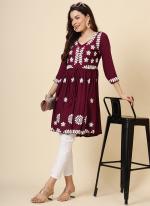 Rayon Wine Daily Wear Lucknowi Chikankari Work Readymade Kurti